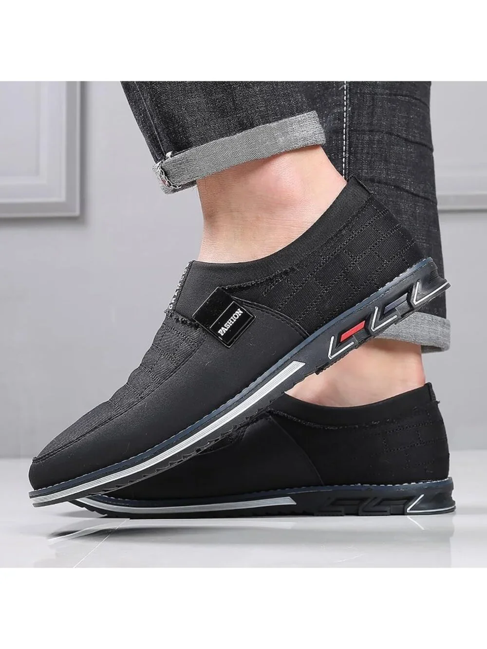 Men's Black Grid Textured Two-tone Flexible Business Derby Oxfords Dress Sneaker